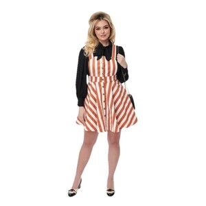 Unique Vintage Overall Pinafore Skater Skirt Pockets L(10-12) Burnt Orange White